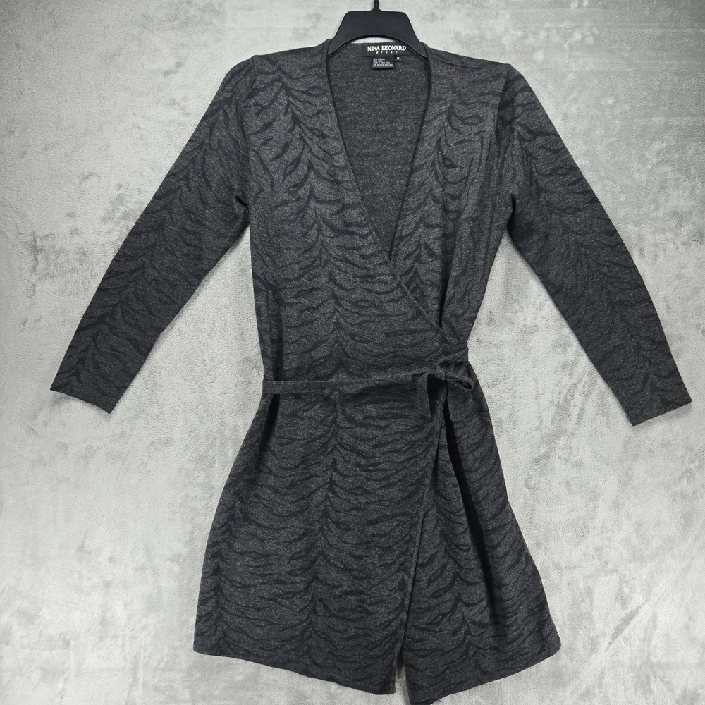 Nina Leonard Gray‎ Black Print Wool Blend Wrap Midi Dress Size Medium